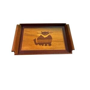 Vintage Philippines MCM Teak? Wood Tray Fat Chunky Cat Inlay